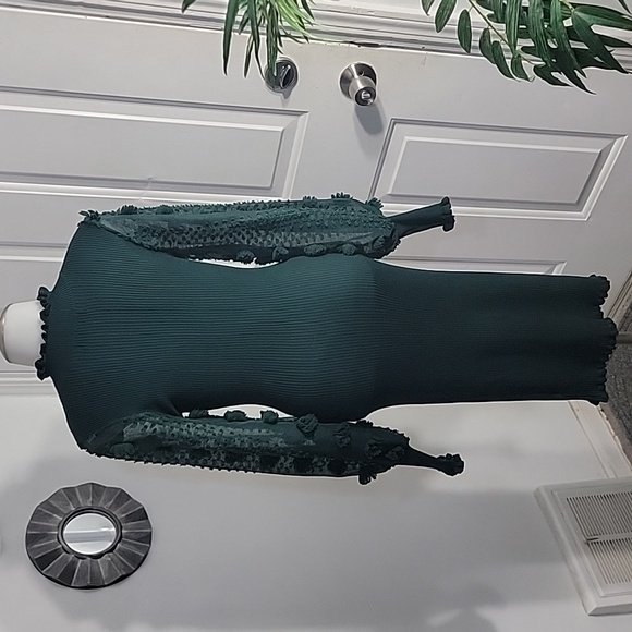 Green High Neck Ribbed Long Sleeve Sweater Fitted Stretchy  Midi Dress Small - Picture 6 of 9